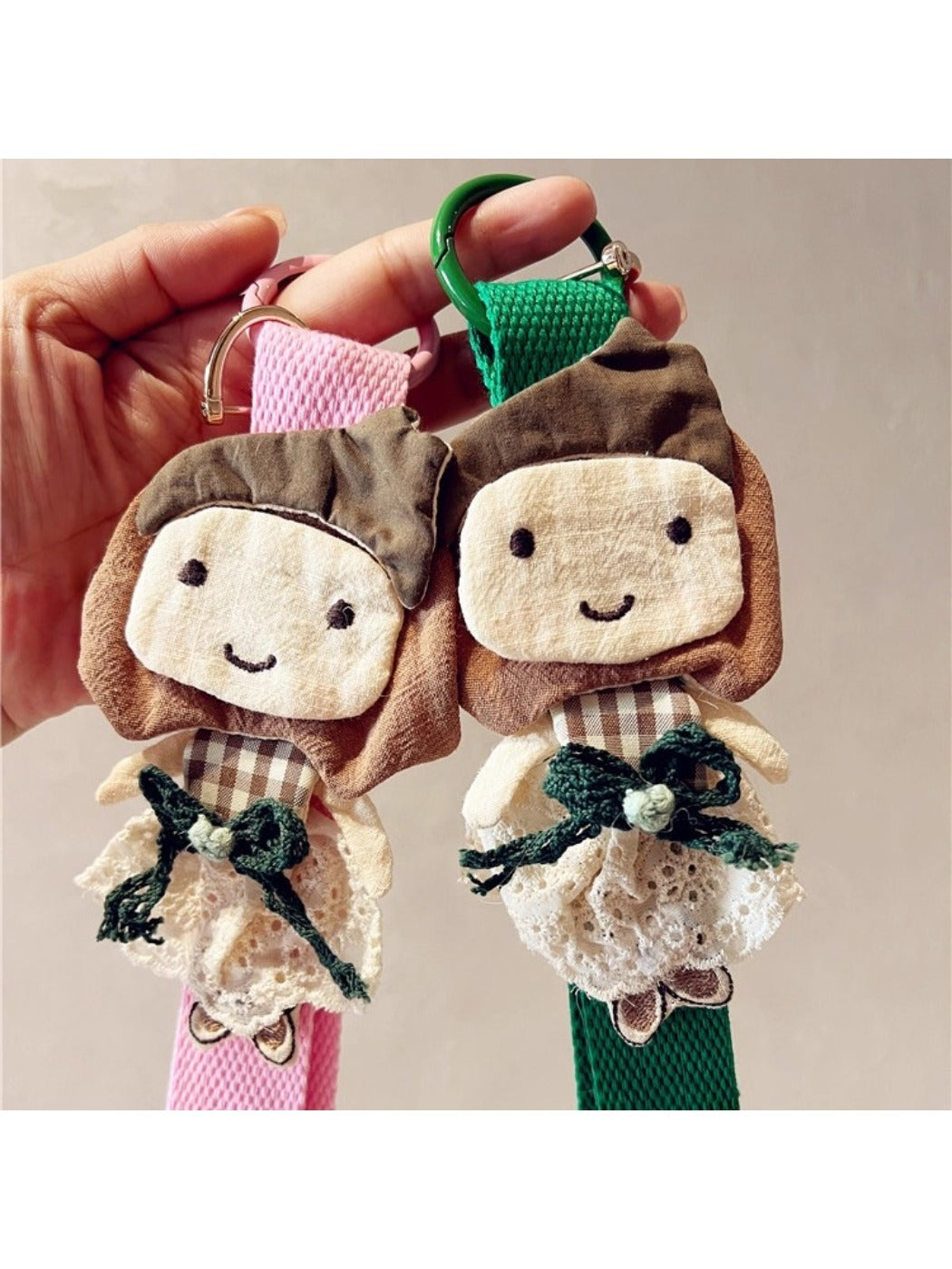 Close-up of colorful fabric patchwork woven strap attached to metal keyring