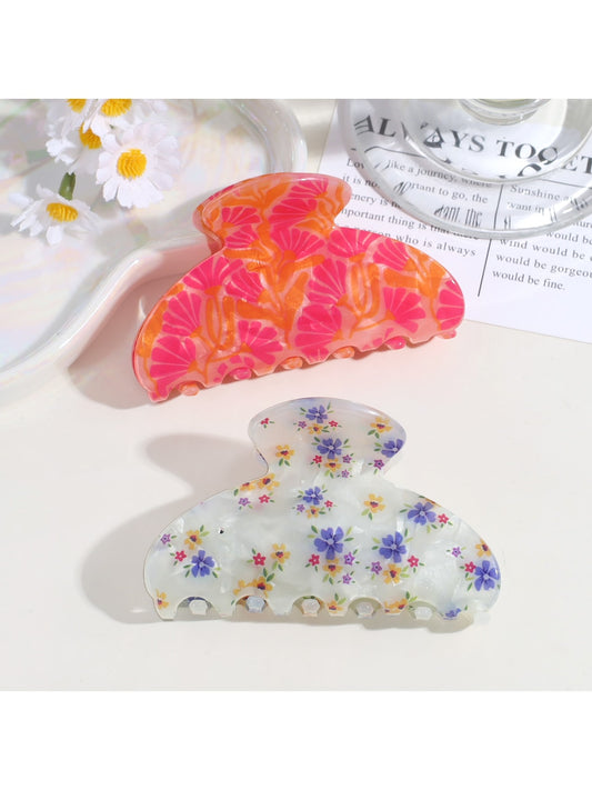 Beau - Half Circle Flower Print Painted Hair Claw Clip