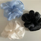 Sheer tulle scrunchie wrapped around a ponytail on dark hair