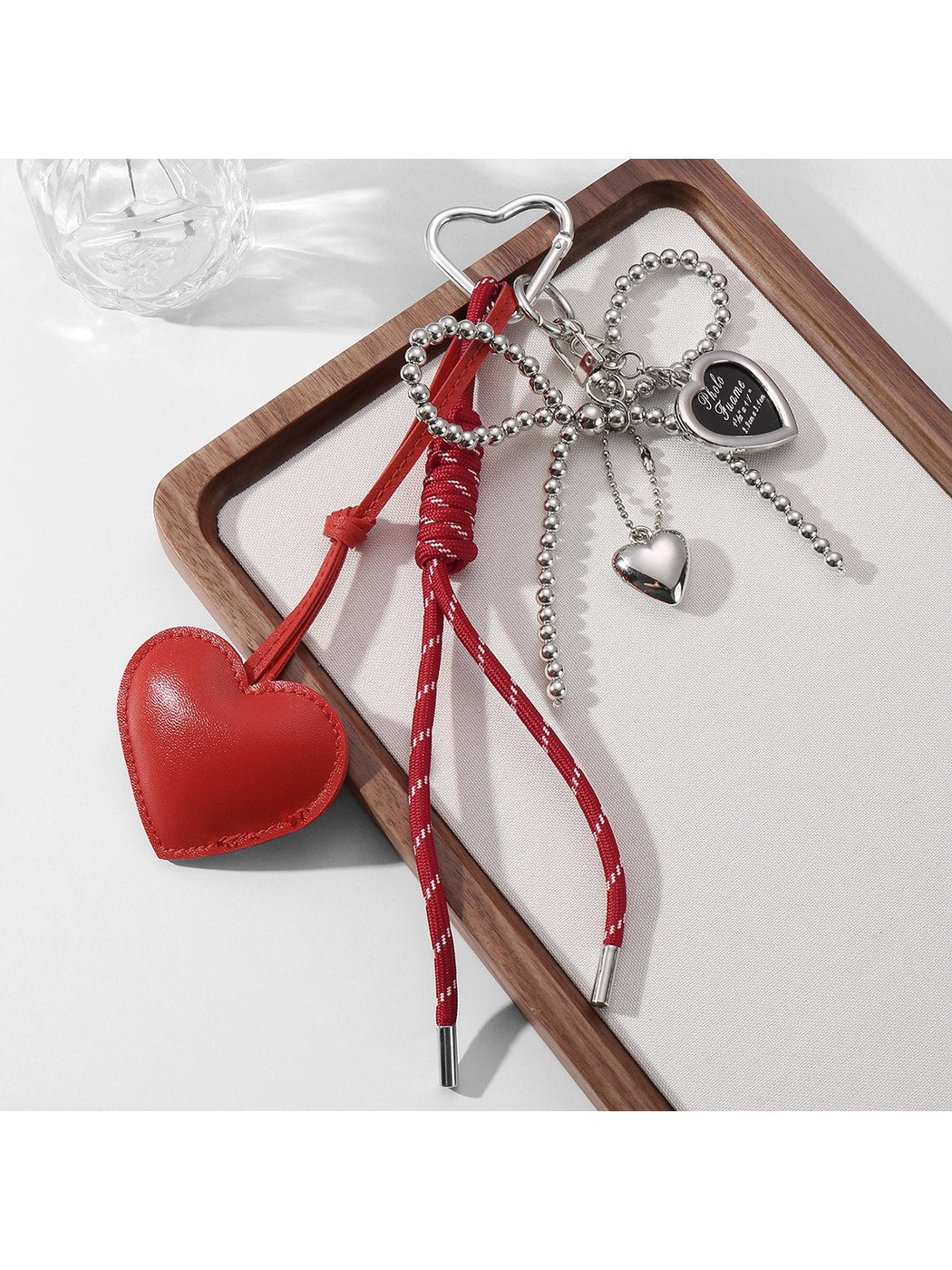 Keypus - Faux Leather Heart and Beaded Bow Charm Keychain