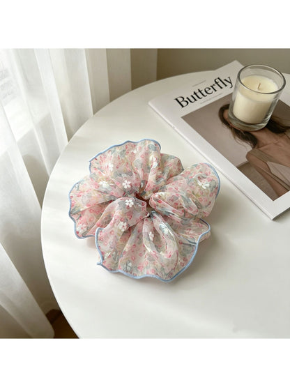 Gifty - Sweet Floral Print Mesh Trim Scrunchie