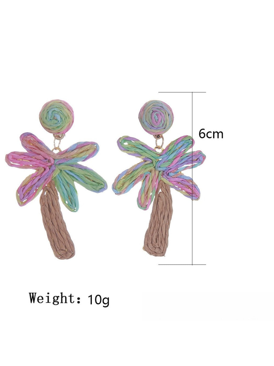 Pair of raffia palm tree shaped earrings hanging from a jewelry stand