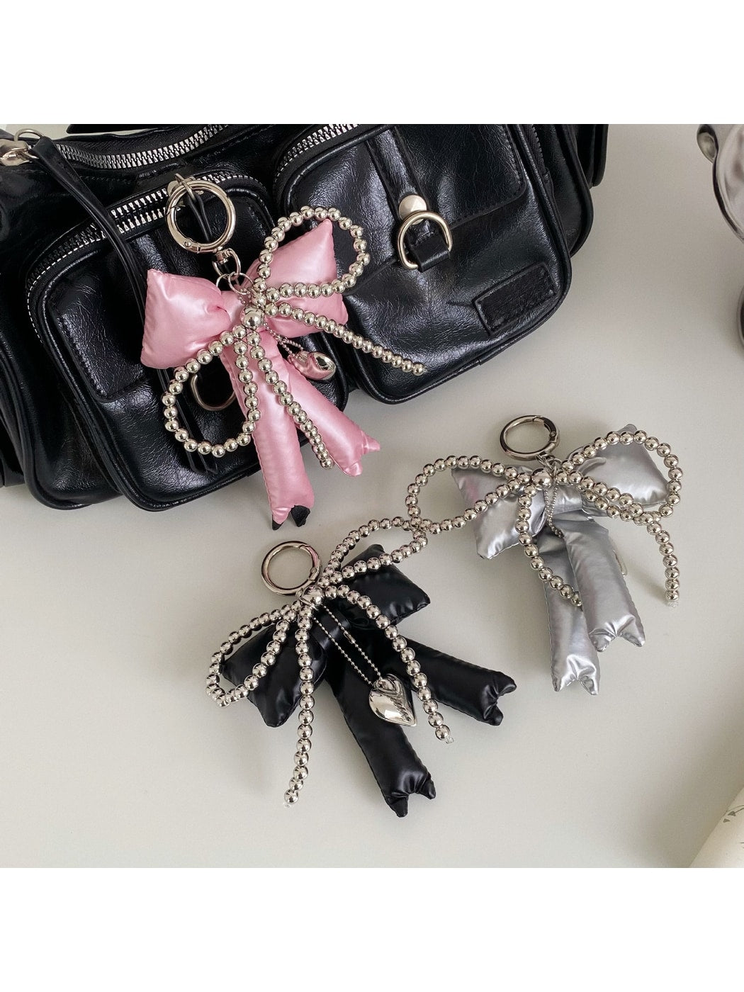 Keypus - Faux Leather Bow Heart Detail Bag Charm Keychain