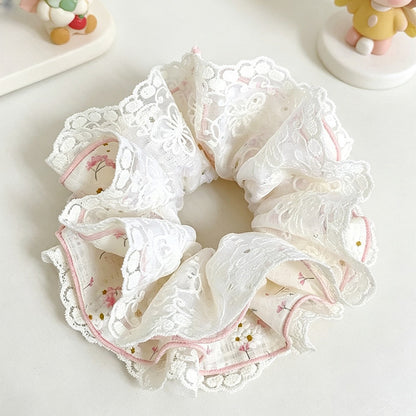 Gifty - Floral Lace Trim Pleated Ponytail Scrunchie
