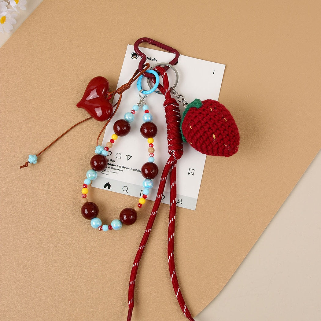 Keypus - Beaded Strawberry Heart Bag Charm Keychain