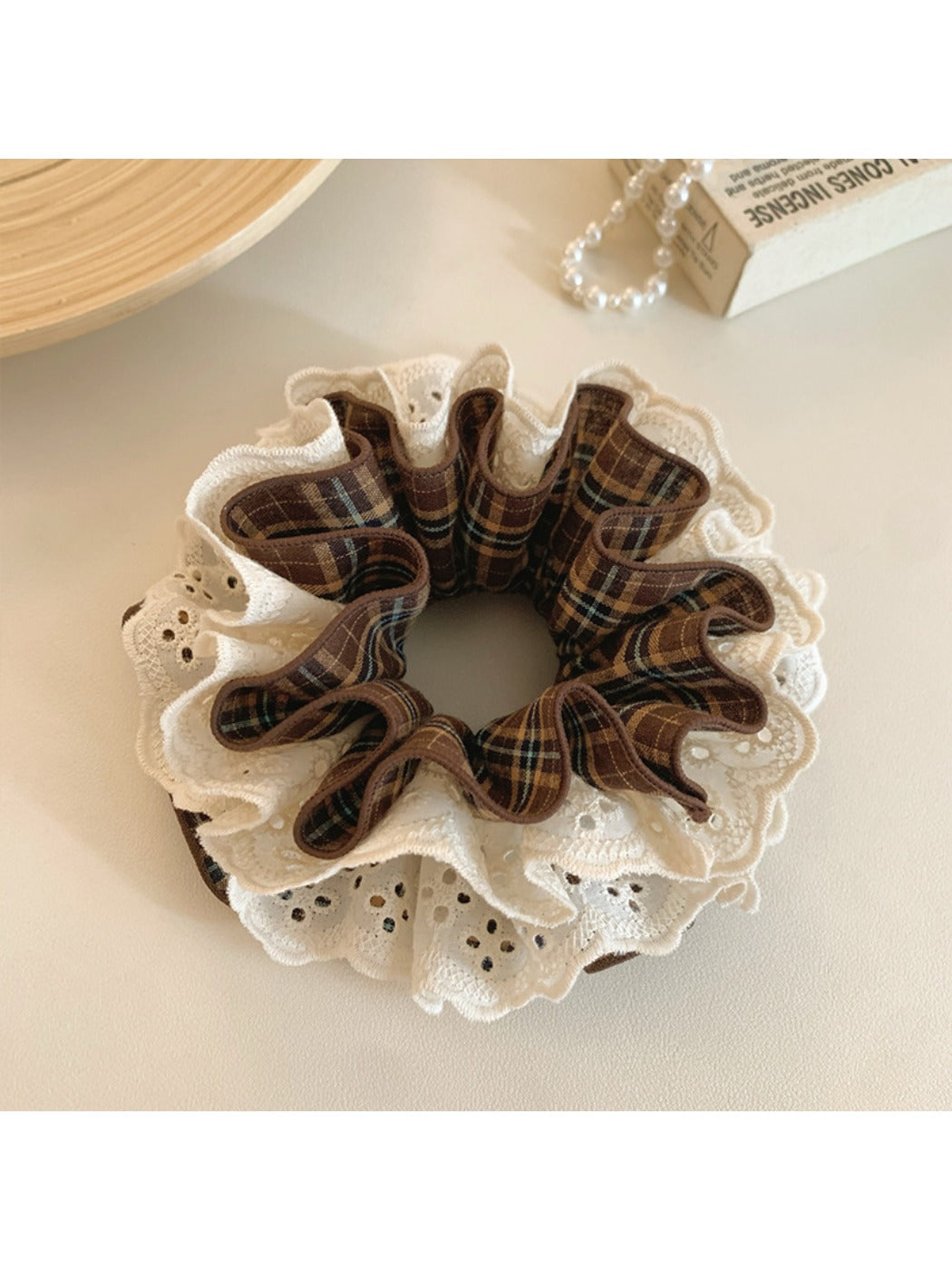 Gifty - Brown Plaid Lace Four Layer Scrunchie