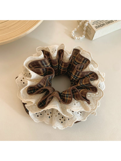 Gifty - Brown Plaid Lace Four Layer Scrunchie
