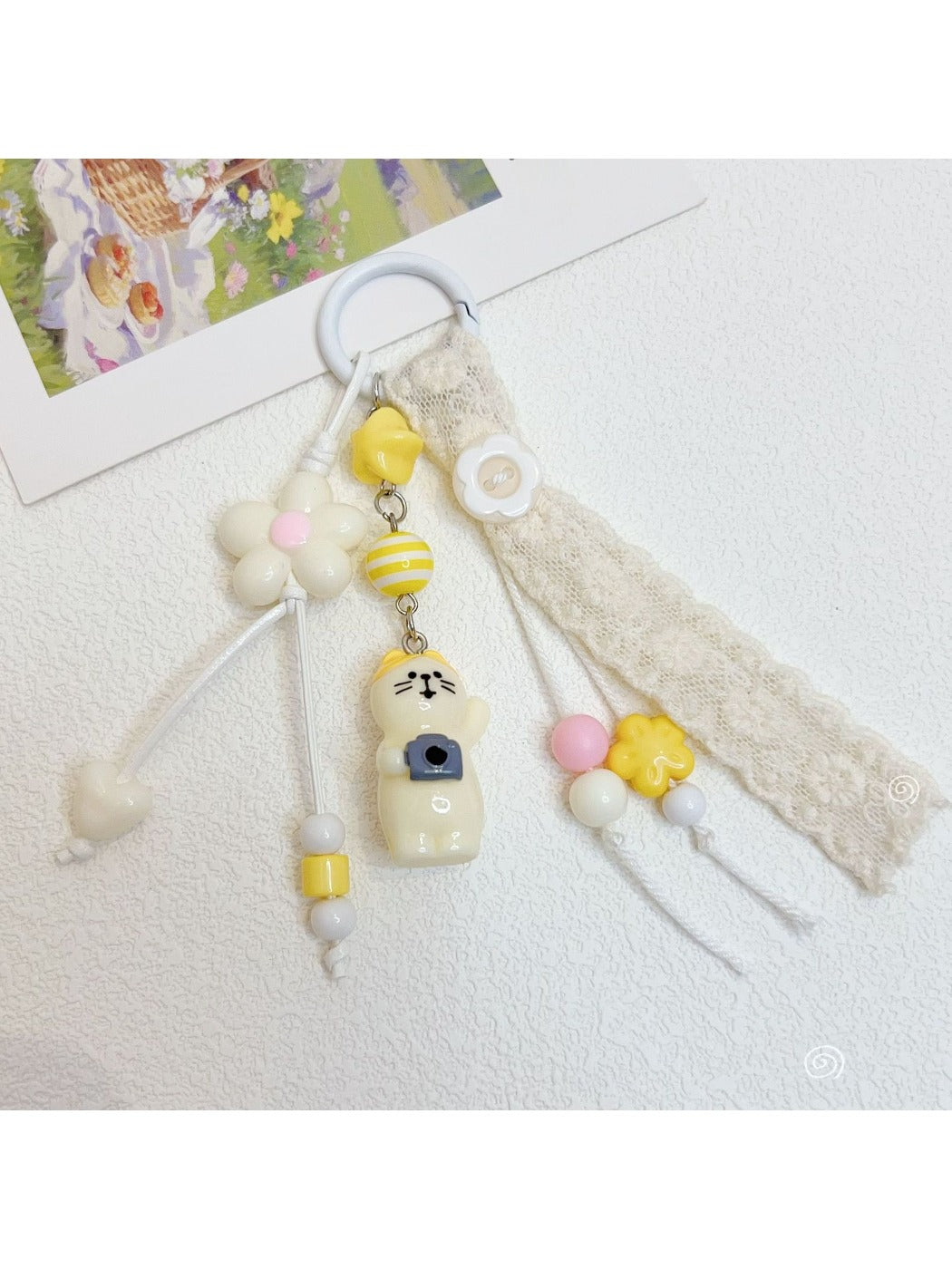 Cat shaped keychain hanging from a set of keys on a wooden surface