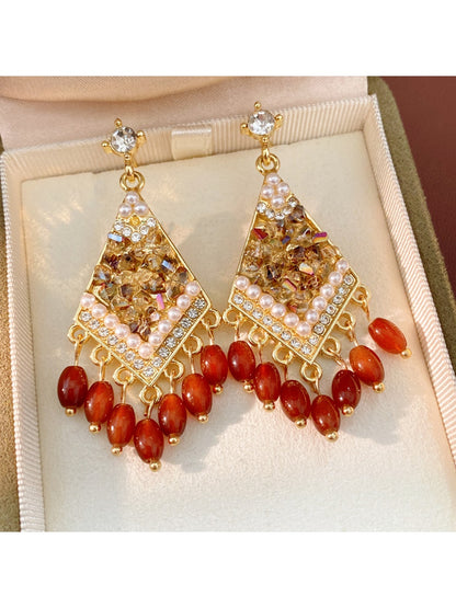 Earedge - Geometric Rhinestone Tassel Dangle Earrings