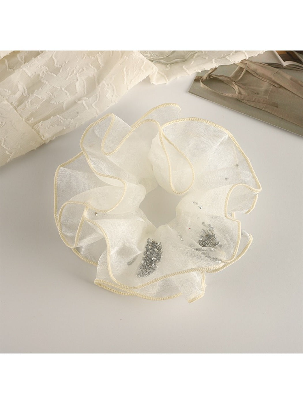 Gifty double layer scrunchie styled in a ponytail with ruffled fabric details