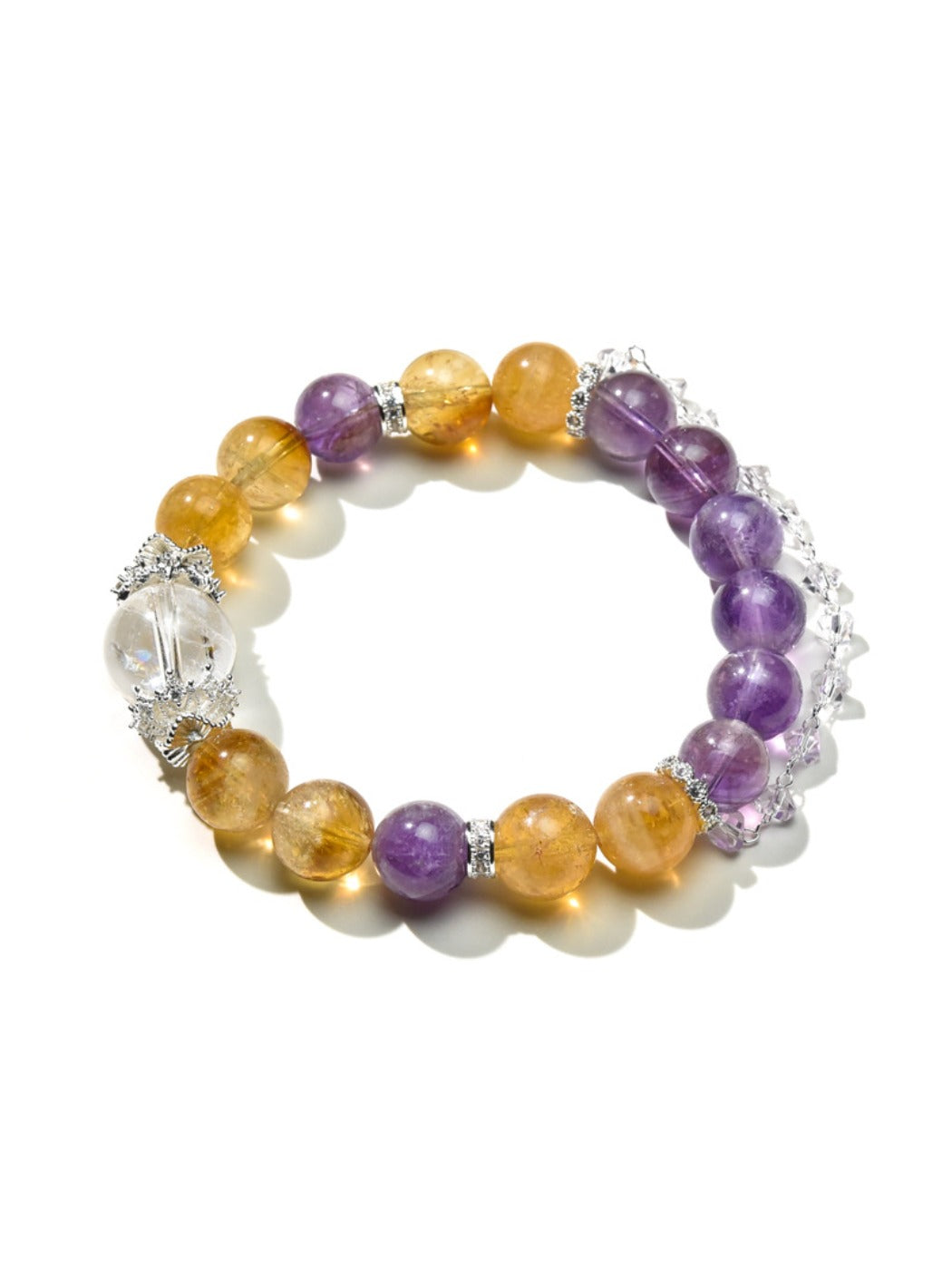 Model wearing Lovra yellow and purple crystal bracelet on wrist