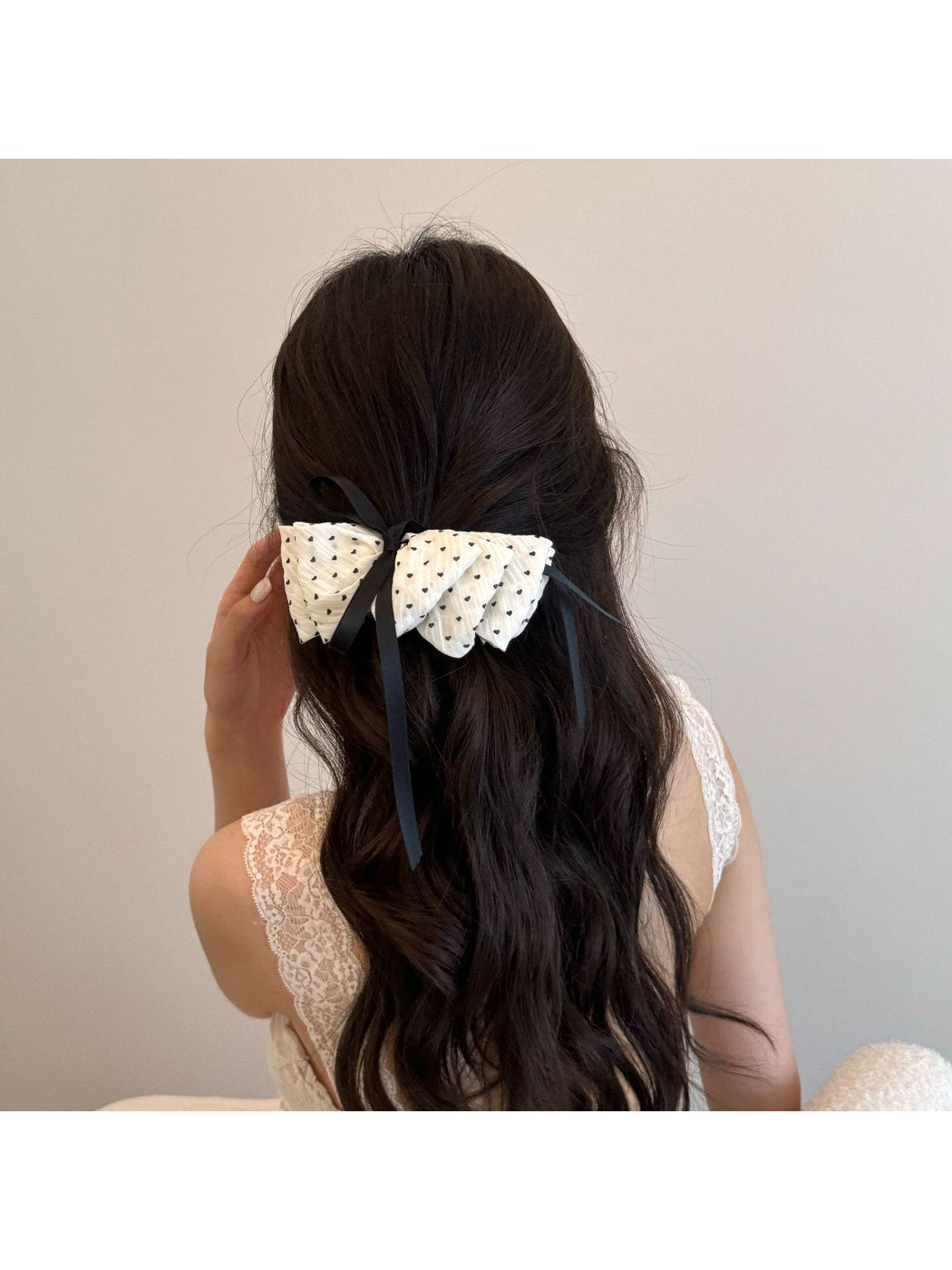 Beau - Heart Print Layered Bow Ribbon Banana Clip