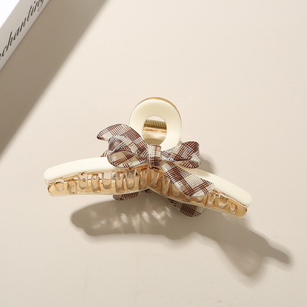 Beau - Plaid Bow Accent Acetate Hair Claw Clip