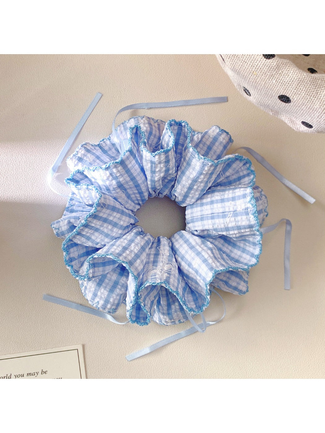 Blue plaid double layer hair scrunchie displayed flat to show layers