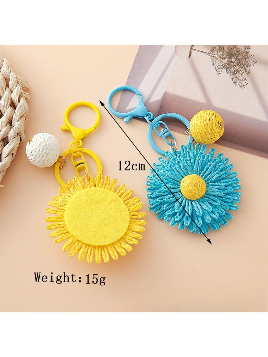 Top view of sunflower keychain showing detailed woven petals and center