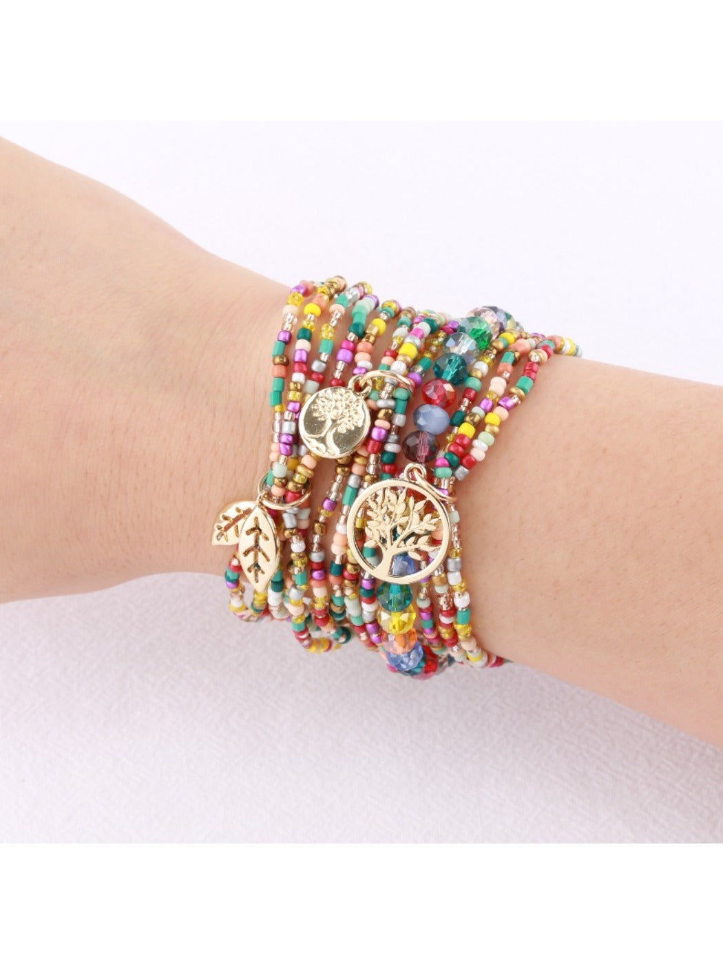 Close-up of Lovra bracelet showing detailed colorful beads and elastic string