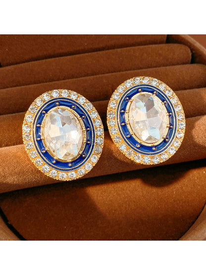 Earedge - Vintage Oval Rhinestone Geometric Stud Earrings
