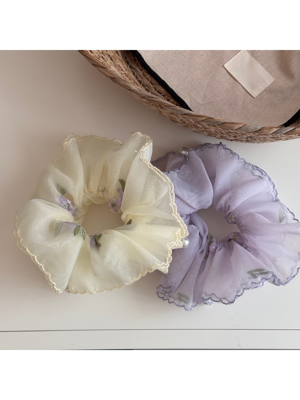 Gifty - Embroidered Sheer Ruffled Floral Scrunchie
