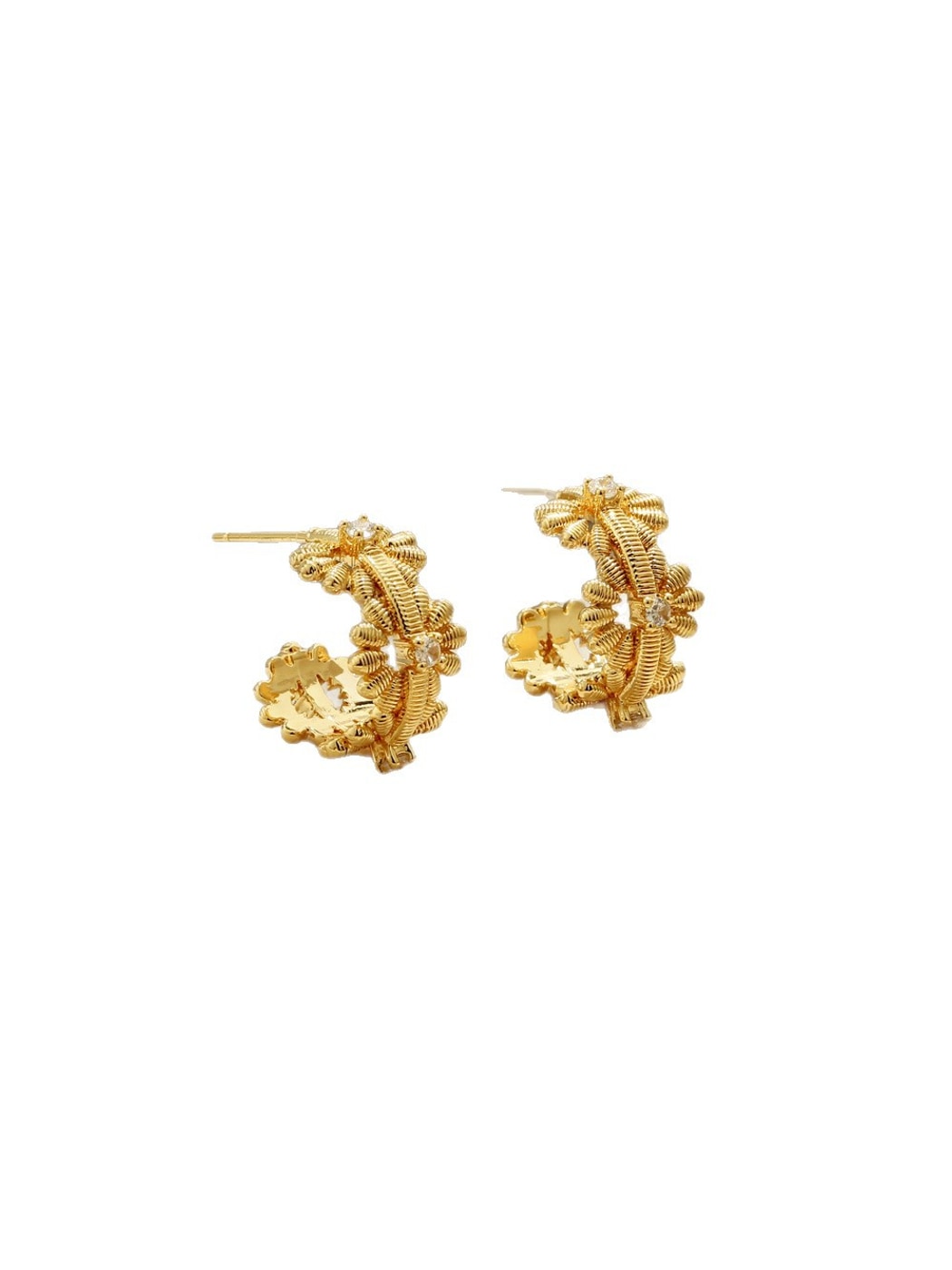 Earedge - Gold Tone Floral Openwork Textured Earrings