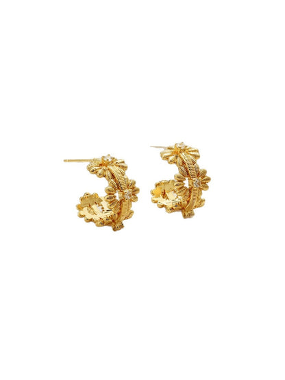 Earedge - Gold Tone Floral Openwork Textured Earrings