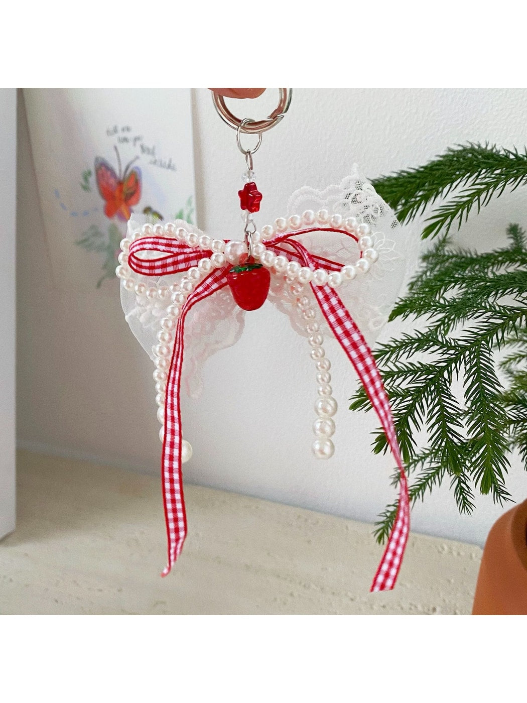 Keypus - Plaid Lace Beaded Bow Bag Charm Keychain