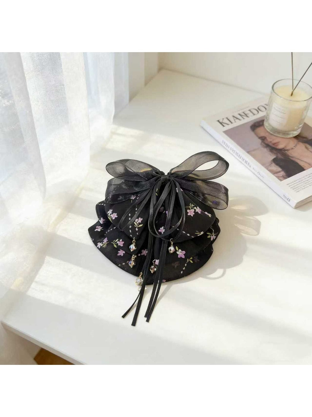 Beau - Layered Bow Floral Pattern Ponytail Claw Clip