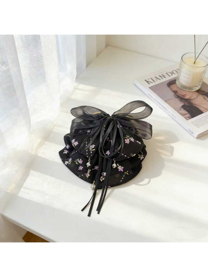 Beau - Layered Bow Floral Pattern Ponytail Claw Clip
