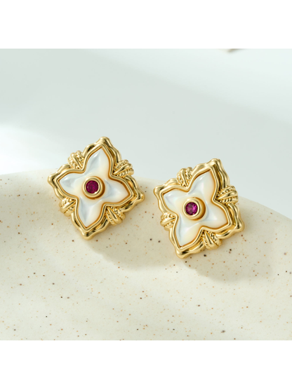 Earedge - Floral Clover Plated Alloy Stud Earrings