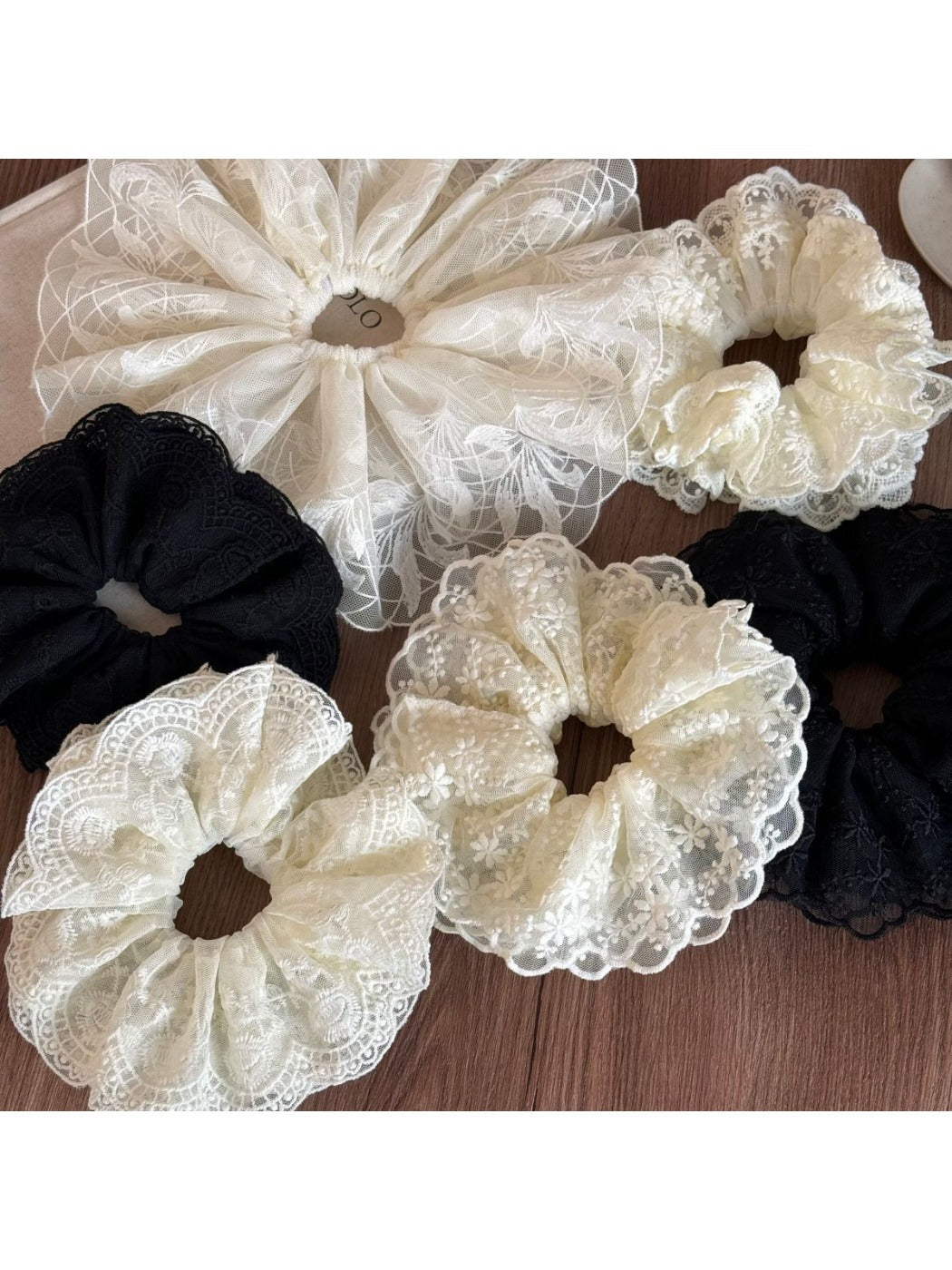 Gifty lace scrunchie displayed on a white background showing texture
