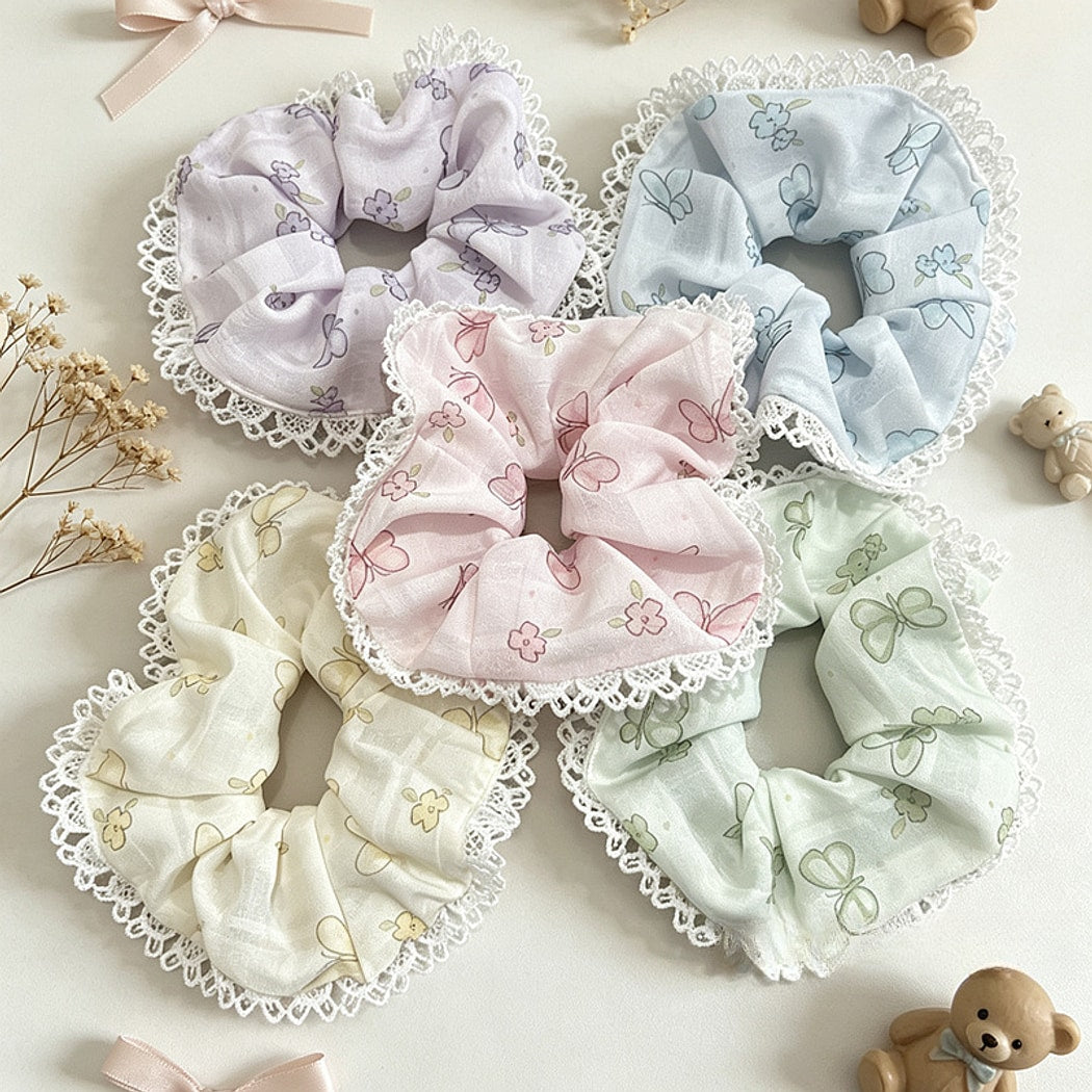 Gifty - Butterfly Pattern Lace Edge Ruffle Scrunchie