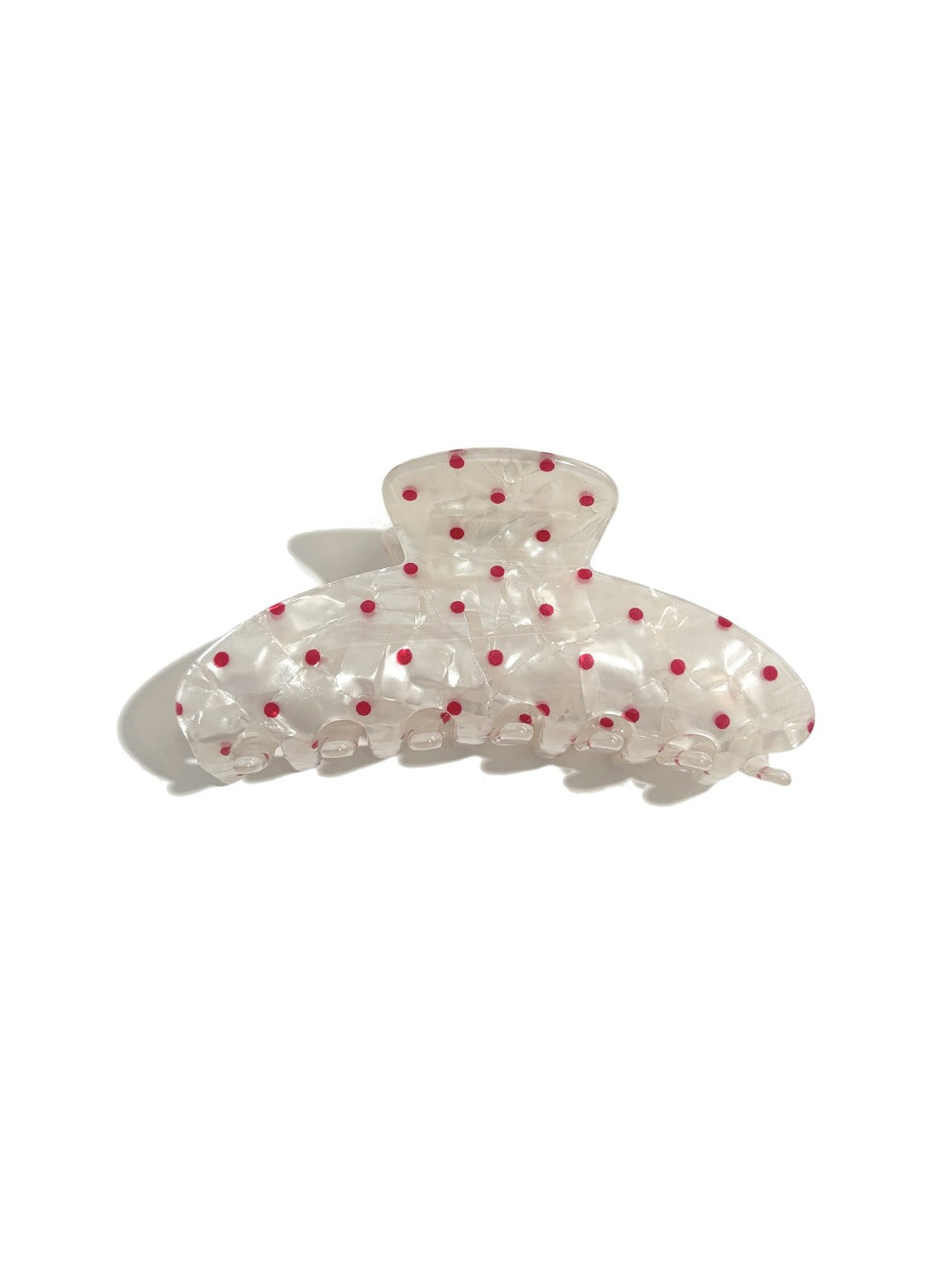 Side view of Beau polka dot updo claw clip in styled brown hair