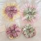 Gifty tulle scrunchie with pink and beige color block ruffle design