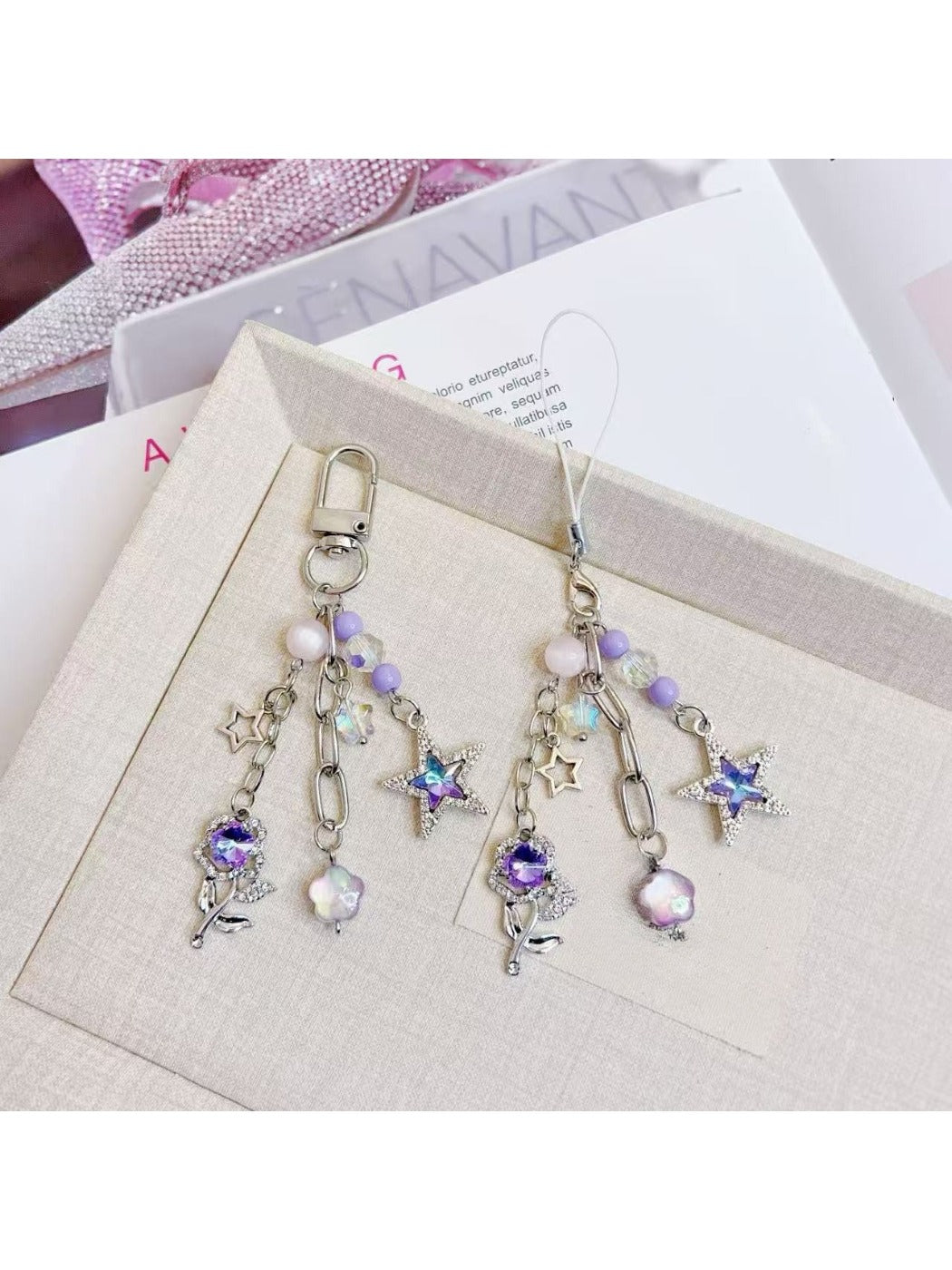Close-up of purple star flower charm with detailed petals on keychain