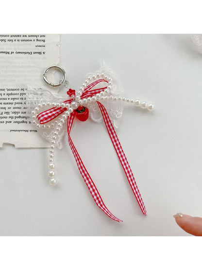 Keypus - Plaid Lace Beaded Bow Bag Charm Keychain