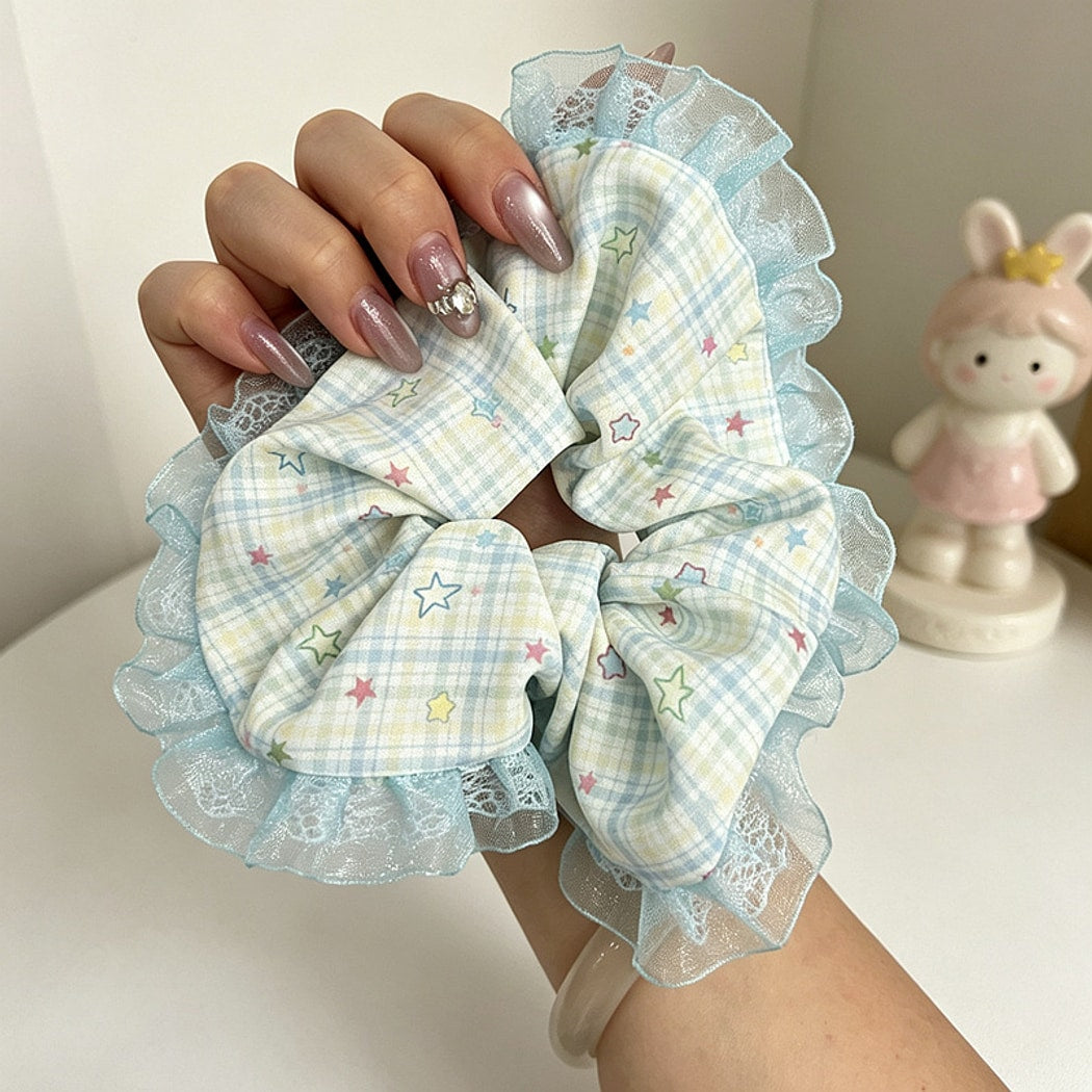 Gifty - Pastel Star Pattern Lace Edge Ponytail Scrunchie