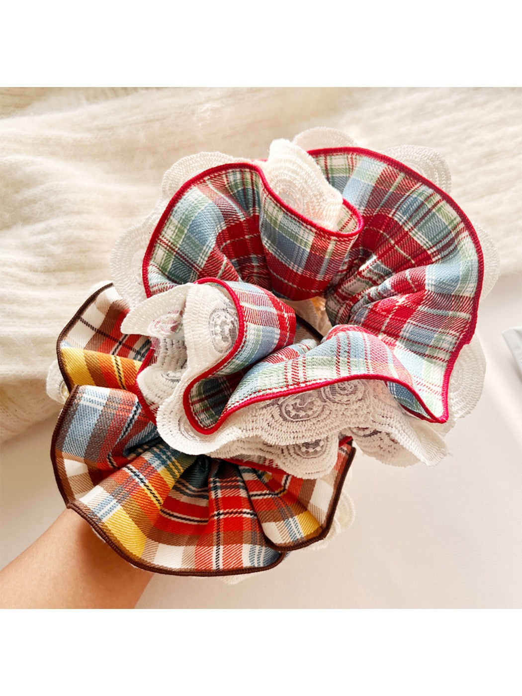 Gifty - Color Block Plaid Lace Scrunchie