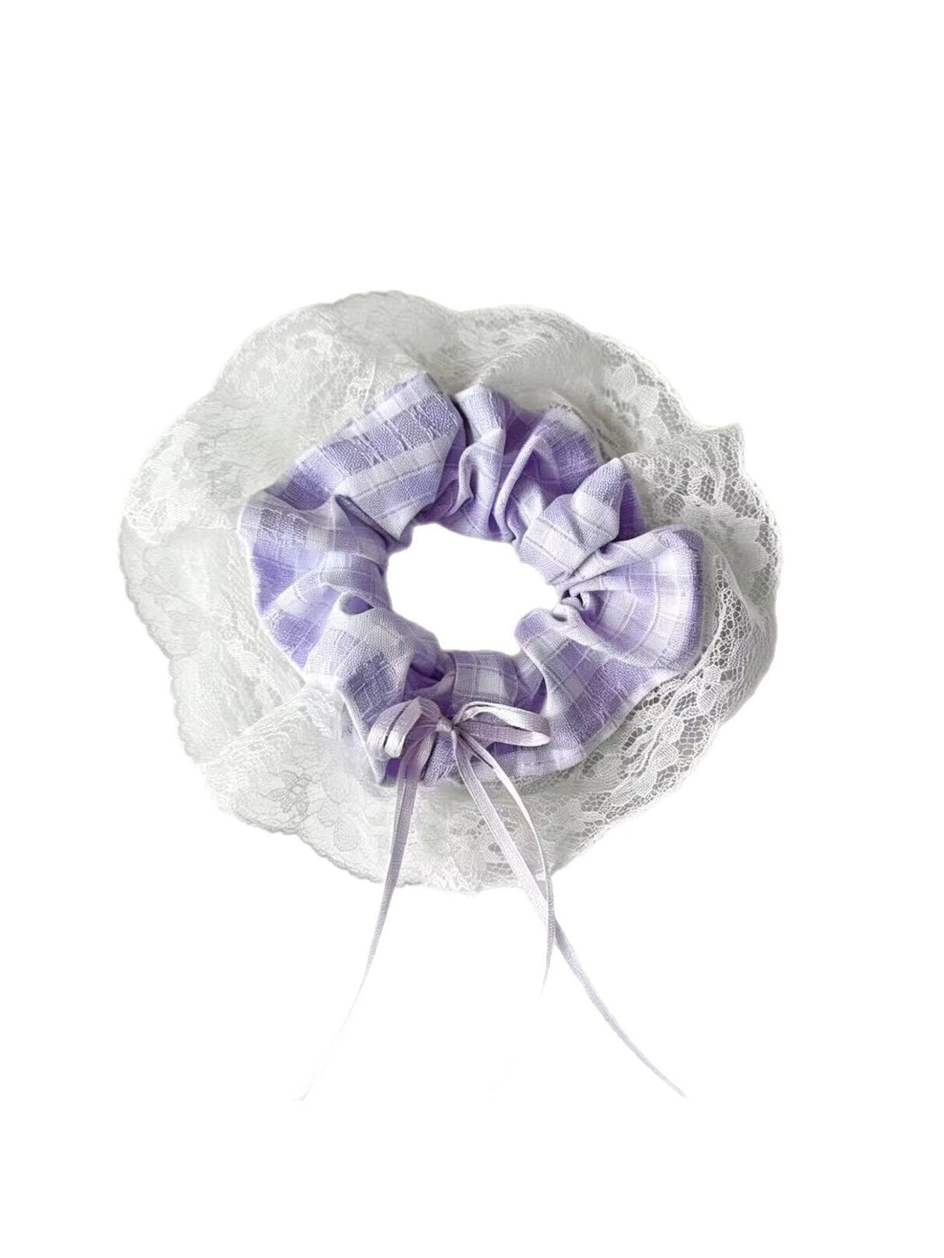 Gifty - Purple Checked Lace Frill Bow Detail Scrunchie