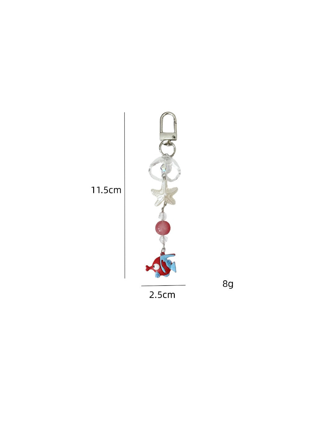 Collection of mini fish shaped keychains in multiple colors arranged in a row