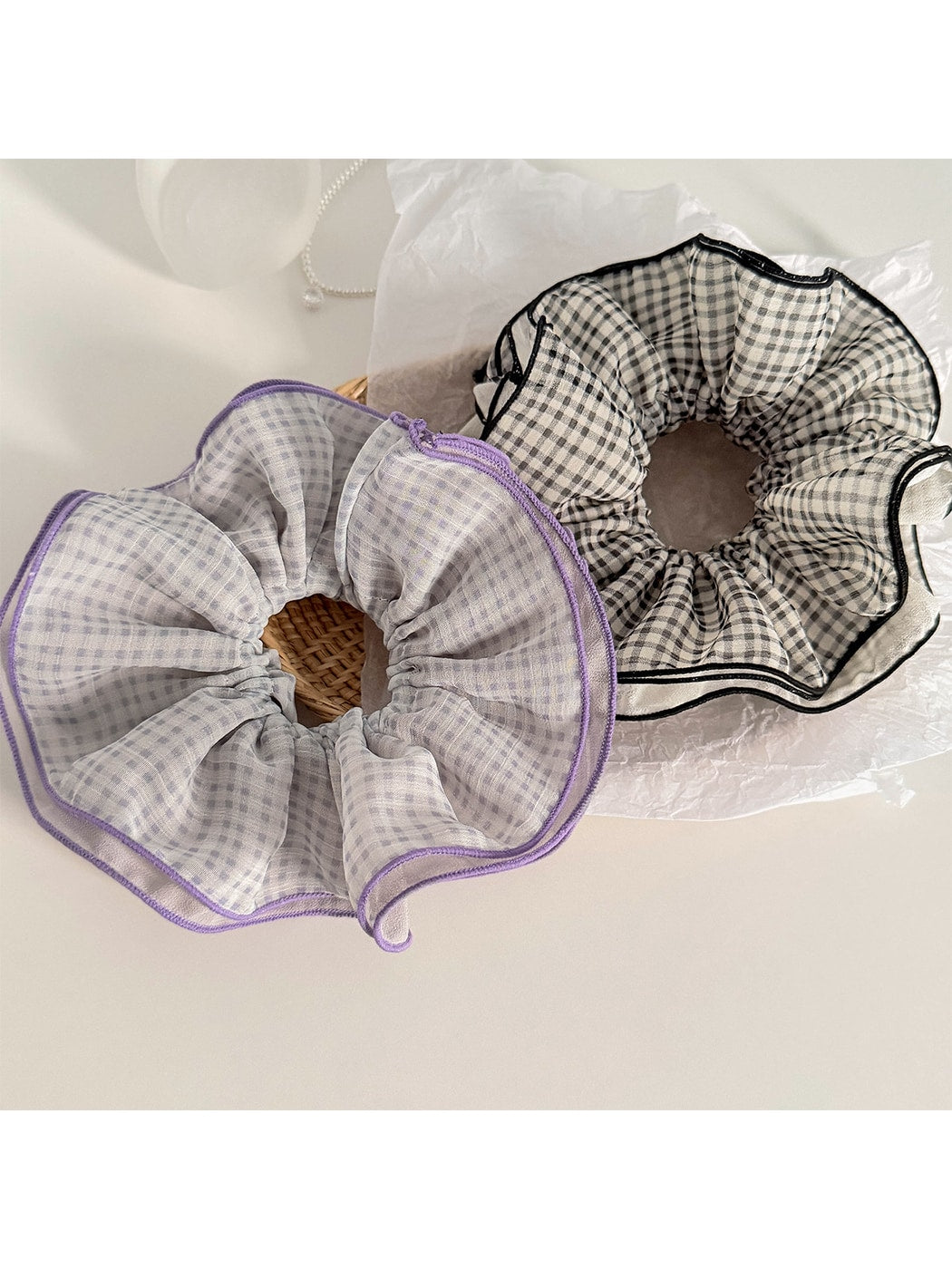Gifty - Plaid Mesh Lace Trim Ruffled Hair Scrunchie