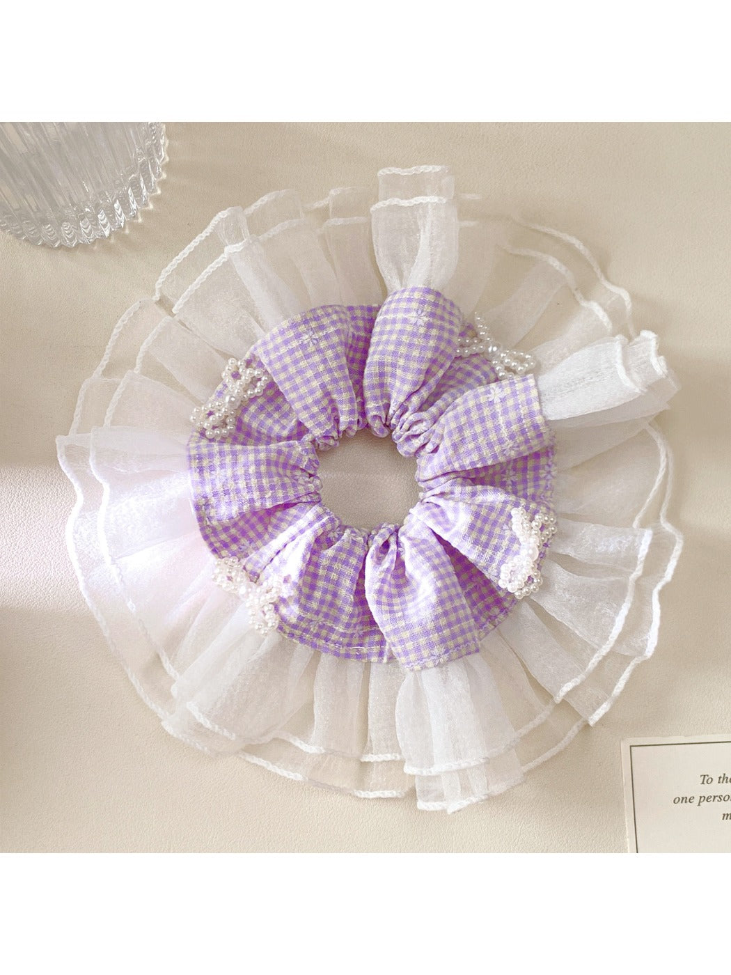 Side view of Gifty elegant plaid bow scrunchie highlighting bow detail