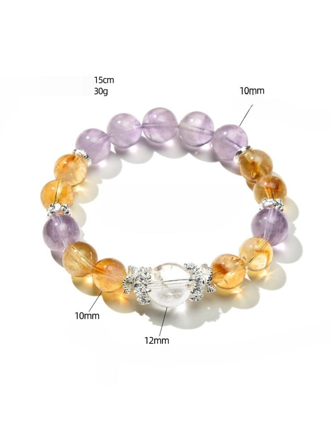 Side view of Lovra purple and yellow crystal beaded bracelet showing bead details