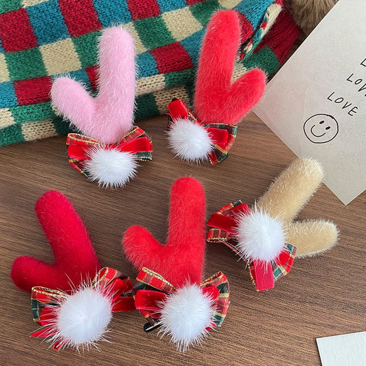 Beau - Plush Reindeer Antler Christmas Hair Clip Set