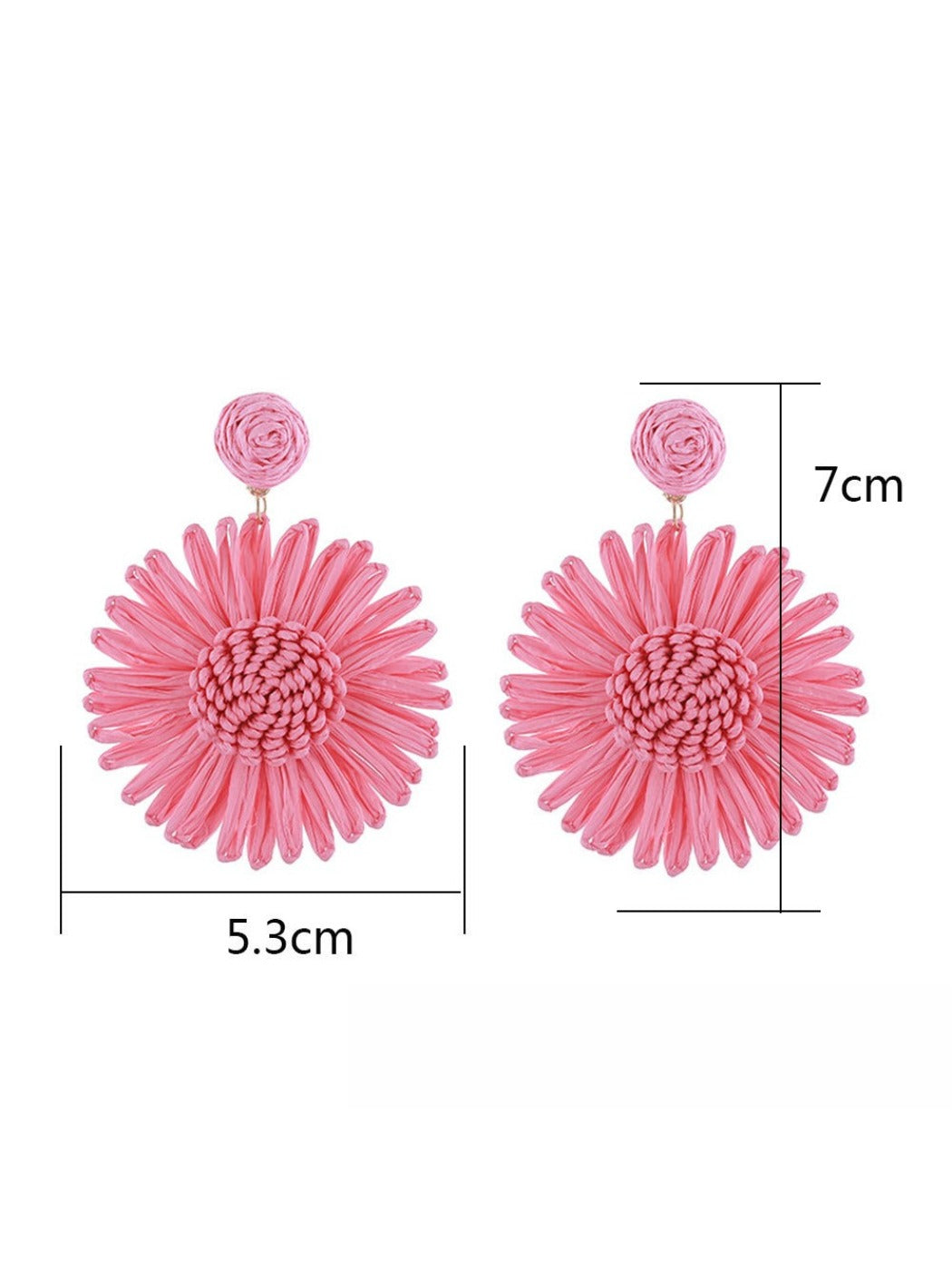 Side view of a single raffia woven sunflower earring showing texture and weave details