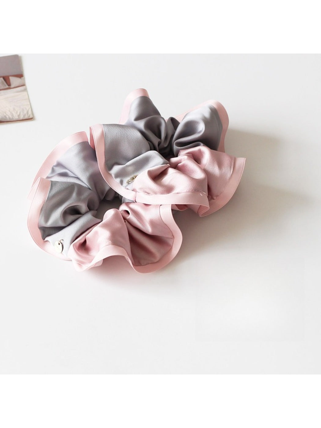 Gifty minimalist scrunchie with modern color blocked design in neutral tones