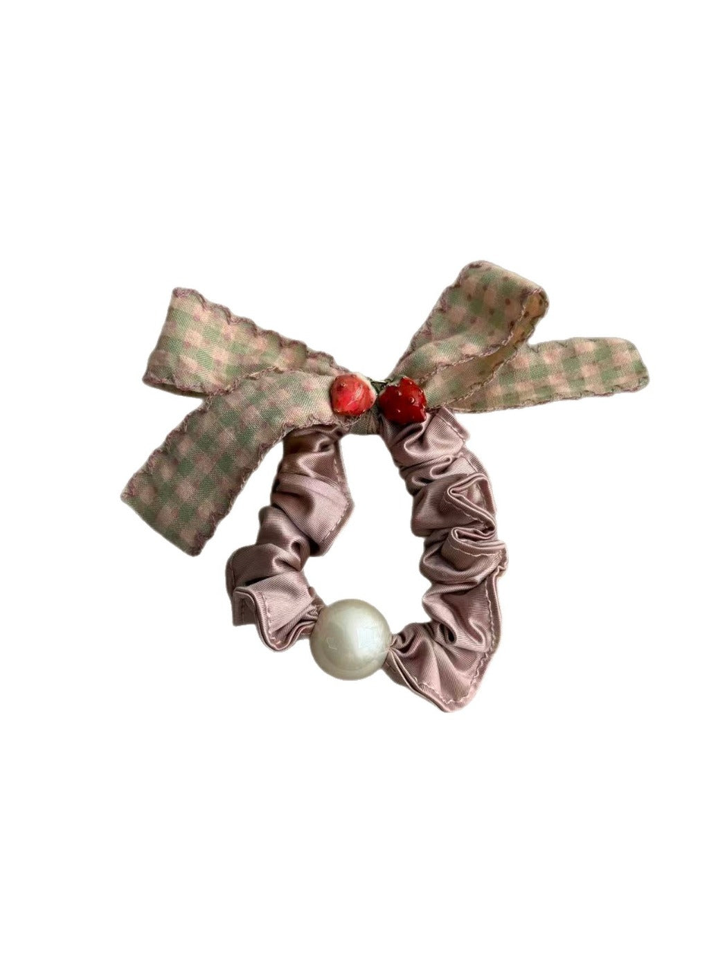 Gifty Sweet Plaid Bow Scrunchie styled on a model's hair