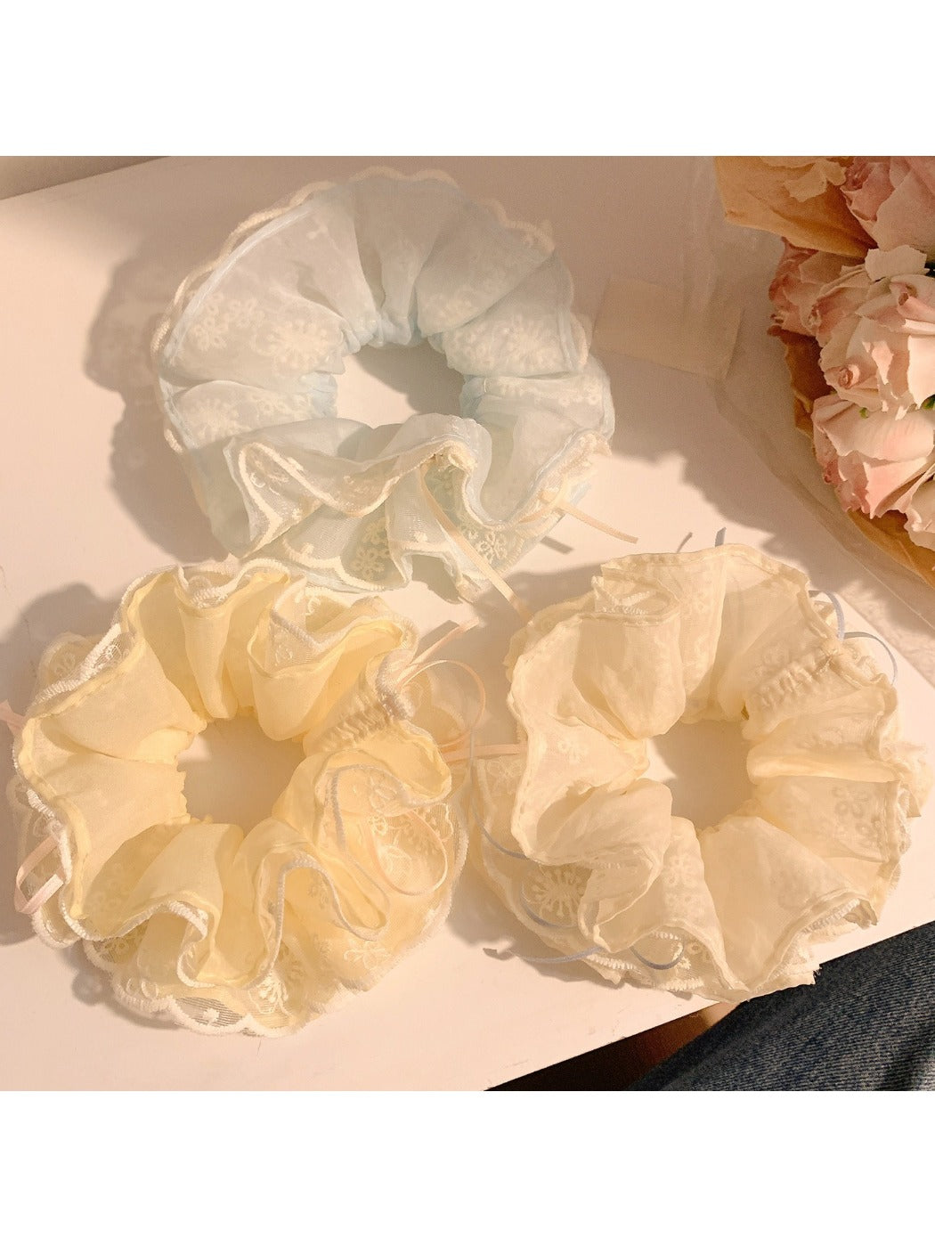 Gifty double layer tulle scrunchie in soft pink on white background