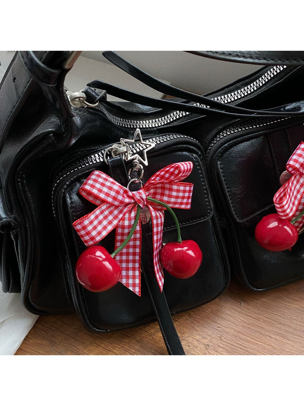 Keypus - Cherry Bow Bag Charm Keychain with Lace Detail