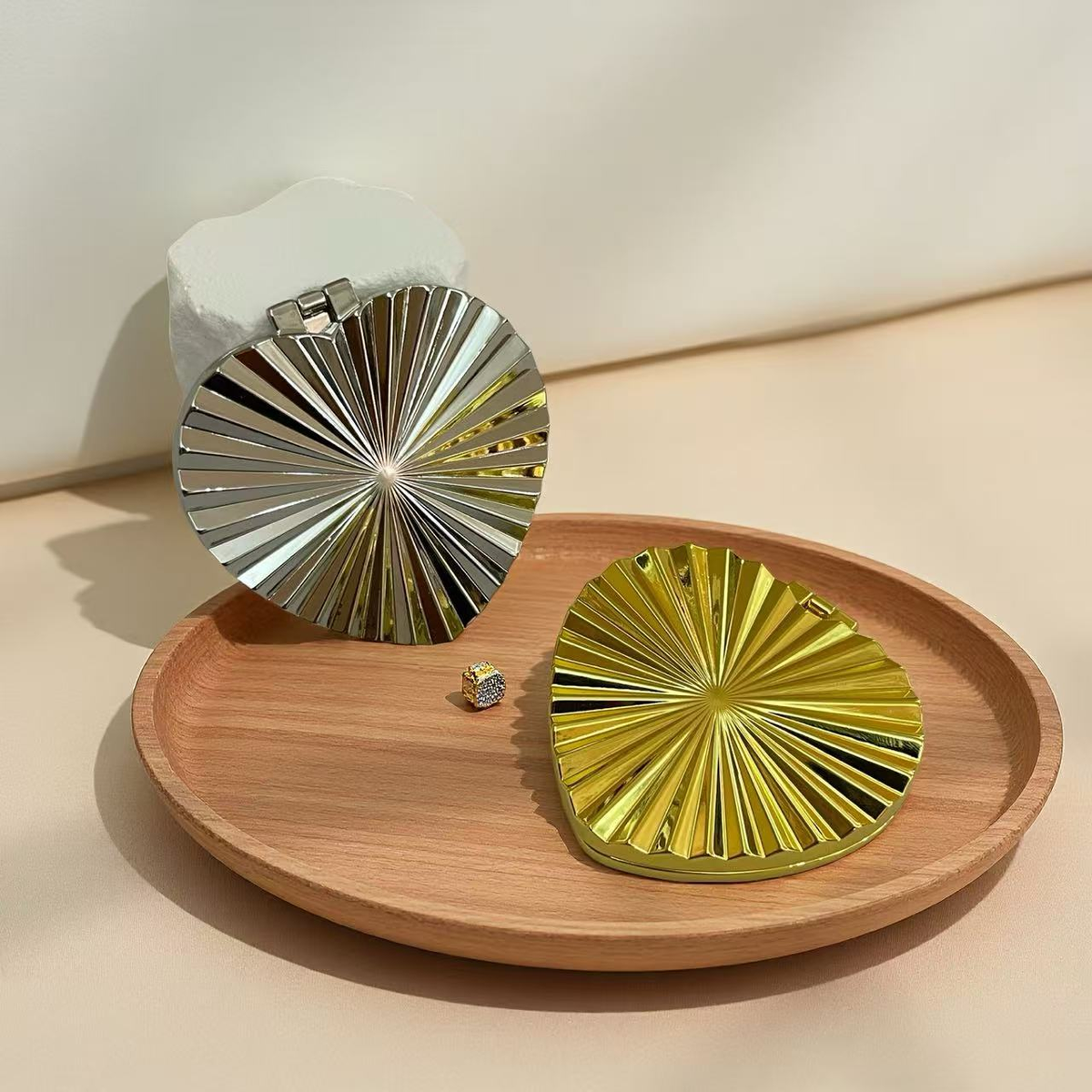 Heart compact mirror, open and closed views