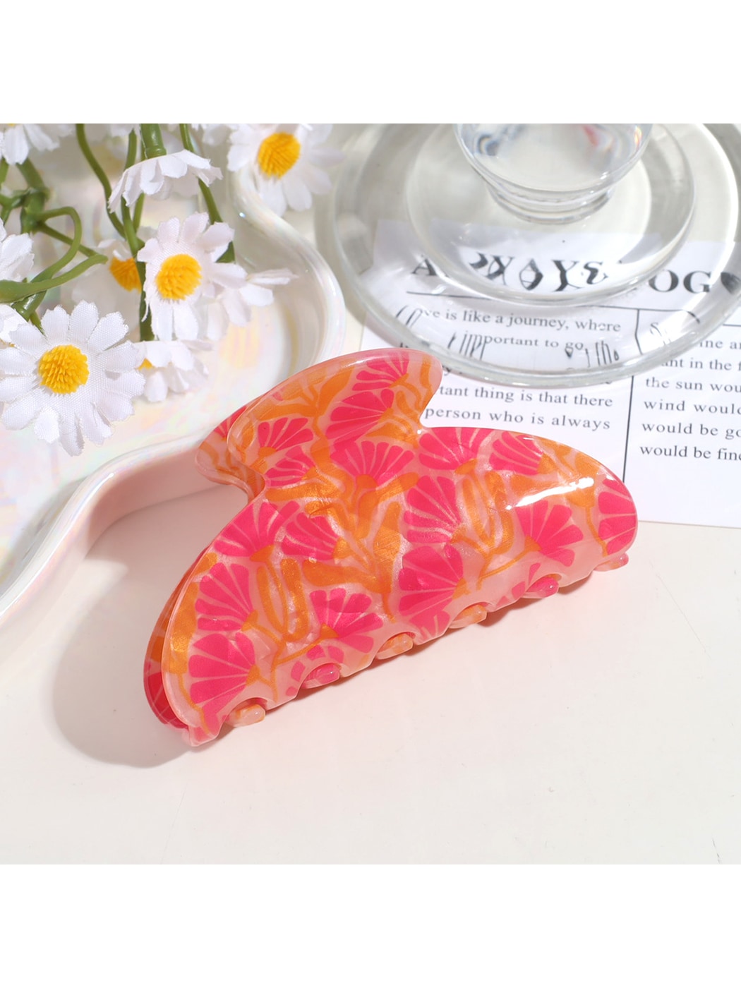Beau - Half Circle Flower Print Painted Hair Claw Clip