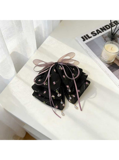 Beau - Layered Bow Floral Pattern Ponytail Claw Clip